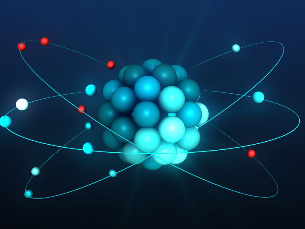 Atom illustration with blue/red spheres: graphene electrode innovation in energy, chemicals.