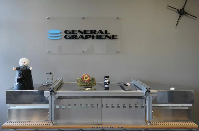 General Graphene logo on GG 1.0: Advanced CVD tech for high-quality graphene in electronics, batteries.